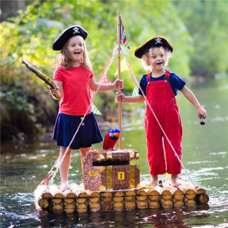D-Fokes 2 Packs Kids Felt Pirate Hat - Tri Corner Pirate Party Hat - Skull Print Pirate Captain Costume - Party, Birthday, Halloween Accessories with Eye Patch - Image 3